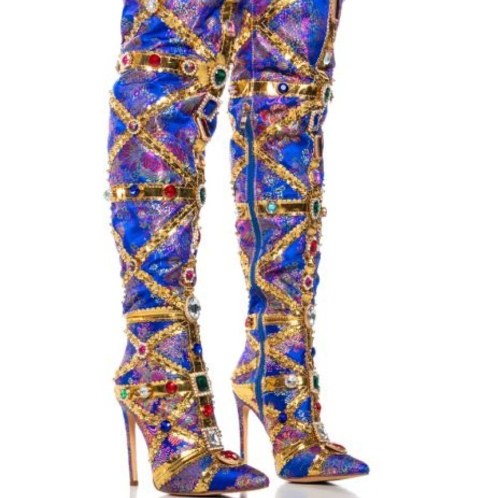 AZALEA WANG "THE HIGH STEPPER BRIGADE" BLUE BAROCADE EMBELLISHED BOOT(BRAND NEW